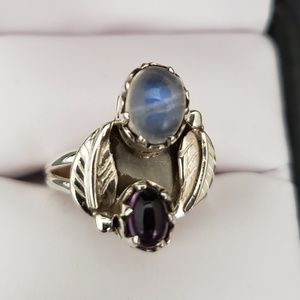 Sterling silver Moonstone and Amethyst ring.